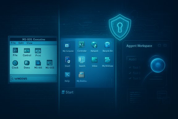 Futuristic blue Windows-like desktop with a Start menu, an MS-DOS window, and a glowing shield icon.