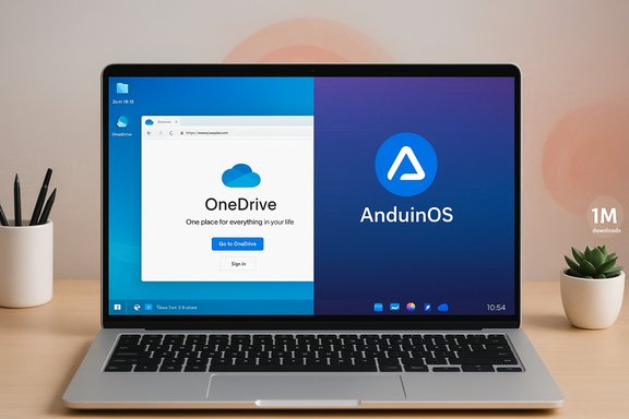 Laptop on a desk shows a split screen: OneDrive on the left and AnduinOS on the right.