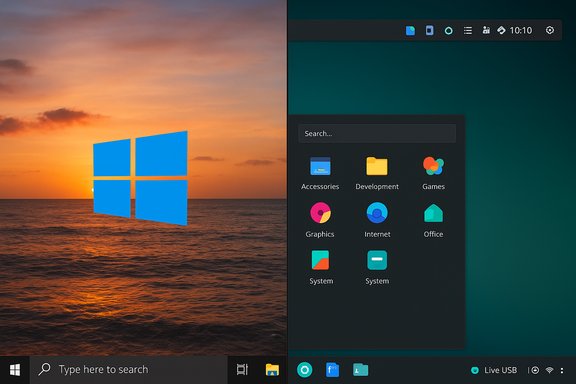 Split-screen desktop: Windows on the left with a sunset wallpaper, and a dark modern desktop on the right.