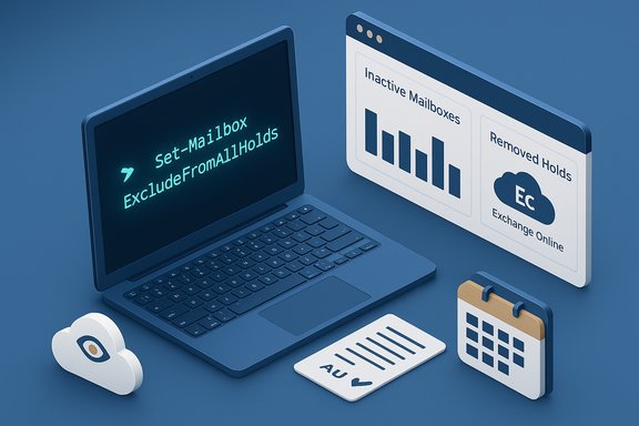 Isometric laptop showing a Set-Mailbox ExcludeFromAllHolds command and an Exchange Online holds dashboard.