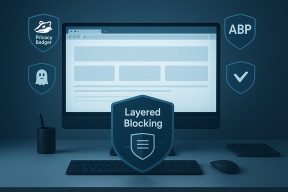A computer screen with a layered blocking shield and privacy/ad‑block icons.