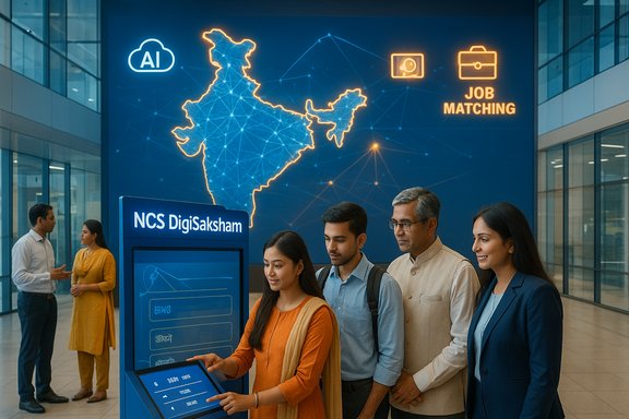 People use the NCS DigiSaksham AI job-matching kiosk in a tech hub beneath a glowing India map.