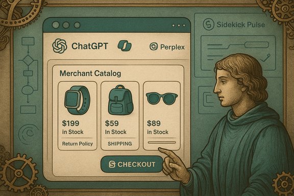 A robed figure points at a merchant catalog shown on a large screen with items like a watch, backpack, and sunglasses.
