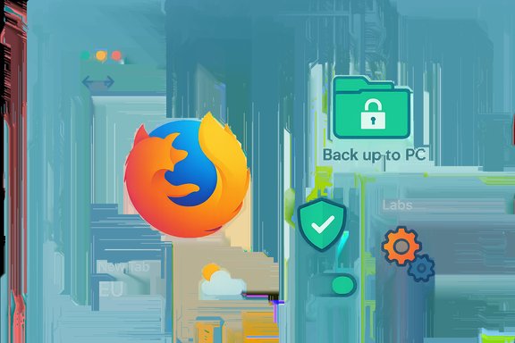 Firefox logo with Back up to PC, security shield, and Labs UI panels.