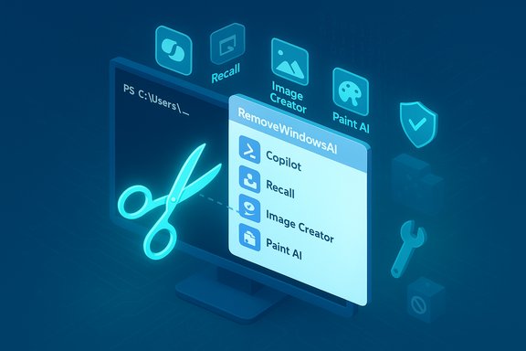 A futuristic monitor shows AI tools like Copilot, Recall, Image Creator, and Paint AI with a large scissors-editing motif. A futuristic monitor shows AI tools like Copilot, Recall, Image Creator, and Paint AI with a large scissors-editing motif.