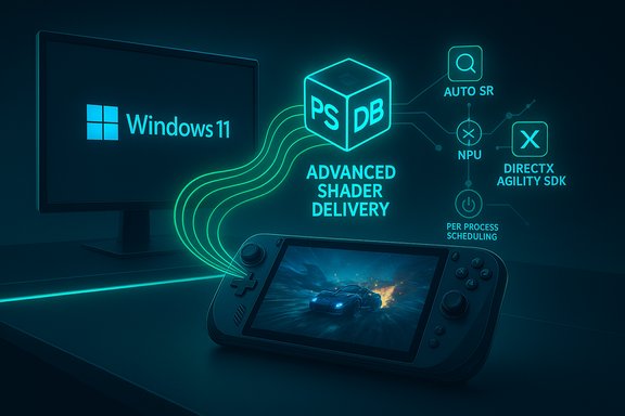 Windows 11 on a monitor and a handheld console showcase advanced shader delivery with neon graphics. Windows 11 on a monitor and a handheld console showcase advanced shader delivery with neon graphics.