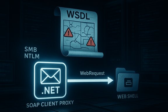 Diagram shows a .NET SOAP client proxy using WebRequest to reach a web shell, with WSDL warnings.