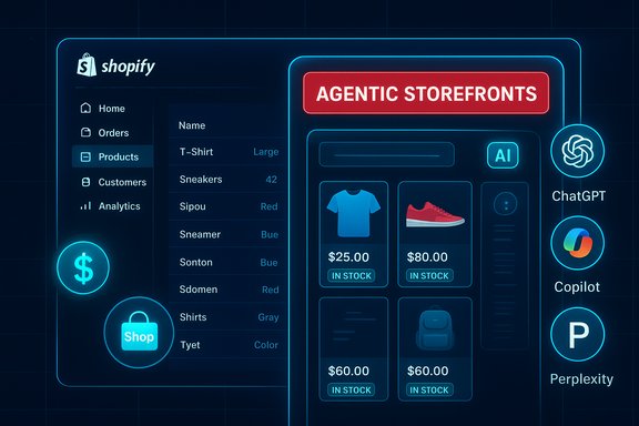 Neon Shopify admin dashboard showing product list, prices, and AI storefront tools.