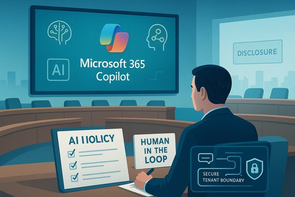 Boardroom scene with a Microsoft 365 Copilot presentation, AI policy checklist, and human-in-the-loop notes.