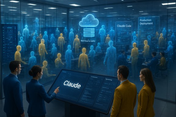 Futuristic command center with holographic figures and a Claude AI cloud interface.