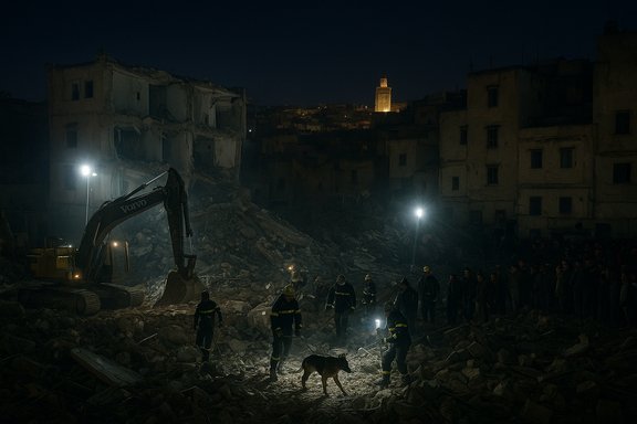 Nighttime rescue amid rubble as workers and a search dog sweep debris beside ruined buildings.