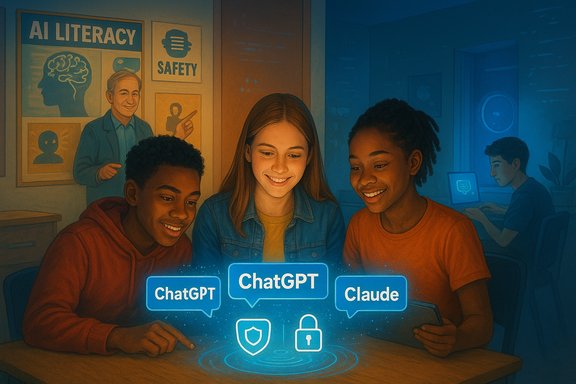 Three kids at a table watch glowing ChatGPT chat bubbles in a blue-lit classroom with AI posters.