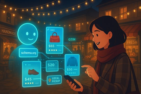 A woman in a scarf browses a glowing holographic shopping interface at a night market.