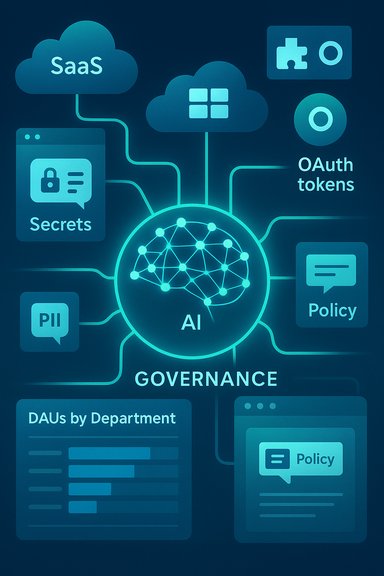 AI governance network connecting SaaS, secrets, OAuth tokens, policy, and dashboards.