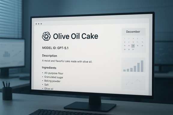 Computer monitor displays a recipe page for Olive Oil Cake with ingredients and description.