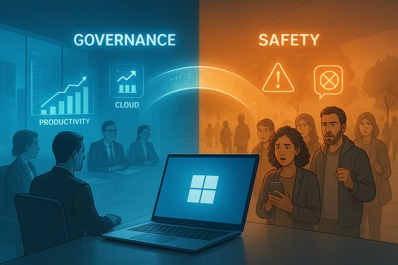 A blue governance side and orange safety side split a corporate scene around a laptop.