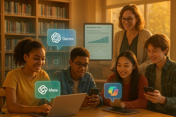 Group of students collaborates in a library, with holographic Gemini and Meta icons.