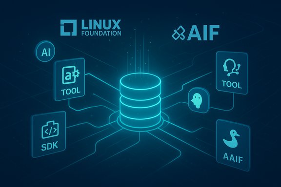 Neon-blue data hub links AI tools, SDKs, and services under Linux Foundation and AIF. Neon-blue data hub links AI tools, SDKs, and services under Linux Foundation and AIF.