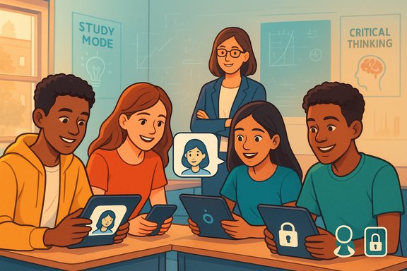 Students collaborate on tablets around a table in a classroom as a teacher guides them.