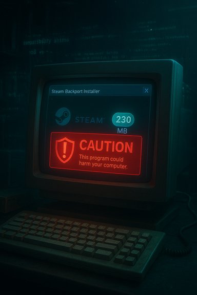 Old CRT monitor displays Steam Backport Installer with a bright red caution banner. Old CRT monitor displays Steam Backport Installer with a bright red caution banner.