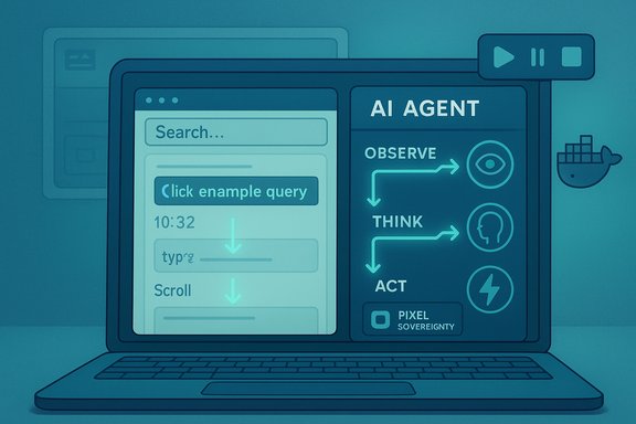 Laptop UI showing an AI agent interface with an observe-think-act workflow.