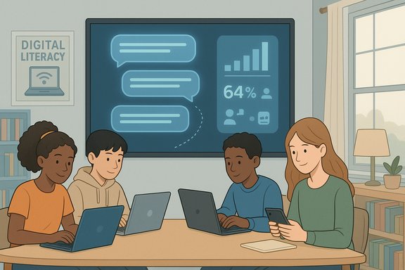 Diverse students collaborate on laptops in a digital literacy class.