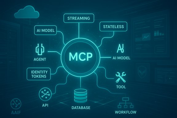 A neon diagram centers on MCP, connected to AI models, API, database, and tools.
