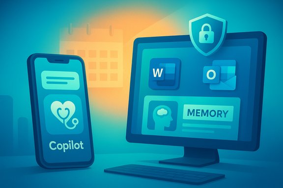 Blue-toned illustration of Copilot on a smartphone beside a secure desktop showing Word and memory.