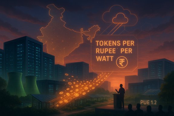 Neon-lit city demo of energy tokens: Tokens per Rupee per Watt at a public talk.