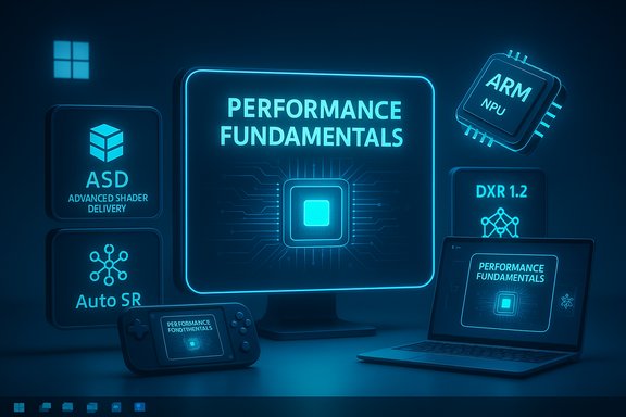 Neon-blue futuristic display centered on “Performance Fundamentals” with AI hardware and devices.