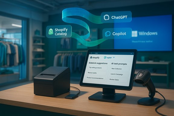 Shopify checkout setup with AI tools and barcode scanner in a retail store.