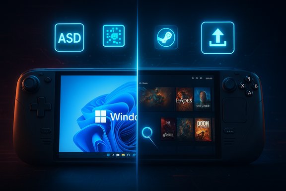 A handheld console split in two: Windows on the left, Steam library on the right, glowing neon.