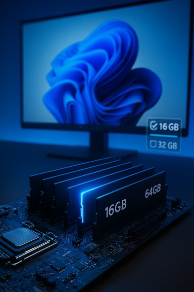 Blue-lit RAM modules mounted on a motherboard with a monitor in the background.