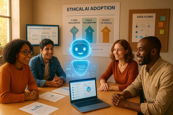 Diverse group collaborates around a table as a blue holographic AI robot glows above a laptop.