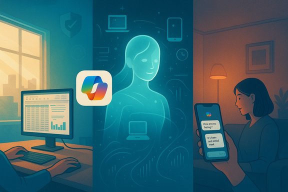 A holographic AI assistant stands between two people using a computer and a smartphone.