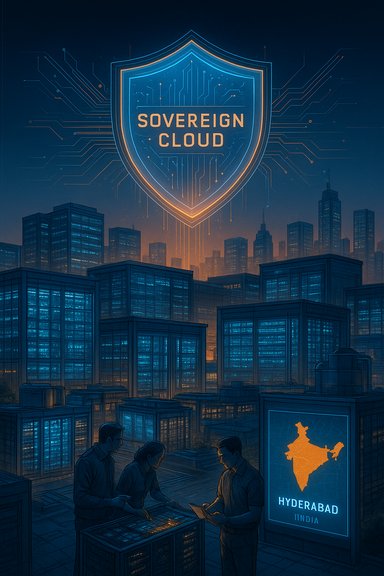 Neon cityscape beneath a Sovereign Cloud shield as technicians monitor Hyderabad's data hub.