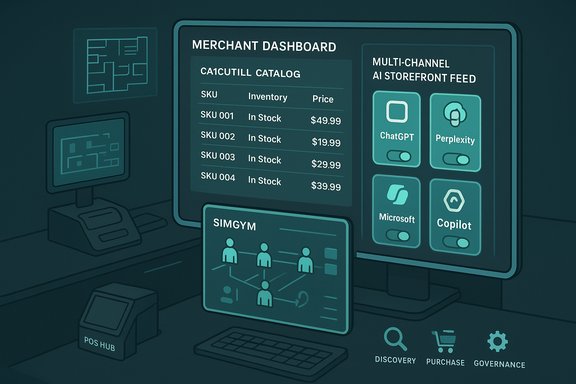 Futuristic merchant dashboard showing a product catalog, AI storefront feeds, and team analytics.