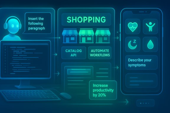 Neon infographic of a shopping workflow with storefronts, catalog API, and automated processes.