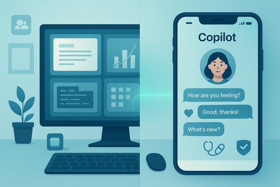 Teal workspace with a desktop monitor showing dashboards beside a smartphone displaying Copilot chat. Teal workspace with a desktop monitor showing dashboards beside a smartphone displaying Copilot chat.