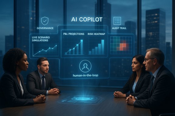 A diverse team reviews a holographic AI Copilot dashboard with charts and human-in-the-loop.