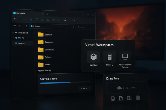 Dark Windows File Explorer with a Virtual Workspaces panel (Sandbox, Hyper-V) and Drag Tray.
