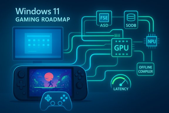 Windows 11 gaming roadmap infographic highlighting GPU, NPU, offline compiler, and latency.