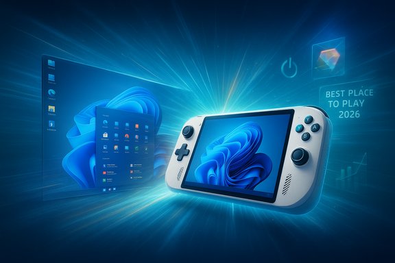 A futuristic gaming showcase with a handheld console and a glowing Windows desktop.