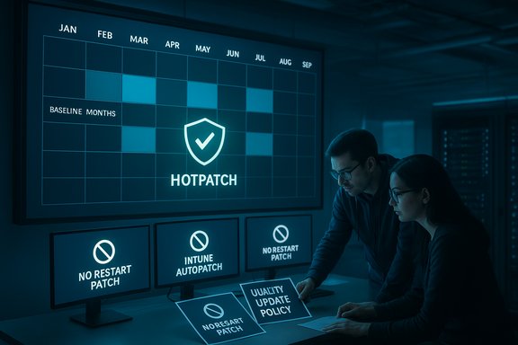 Two analysts monitor a patch-management dashboard featuring the HotPatch shield and policy cards.
