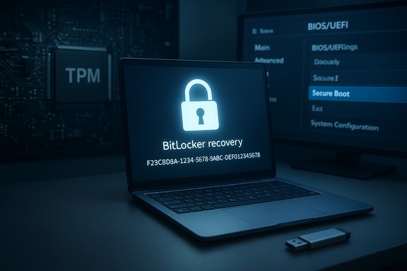 Laptop displaying BitLocker recovery screen next to a USB drive in a BIOS/UEFI setup.