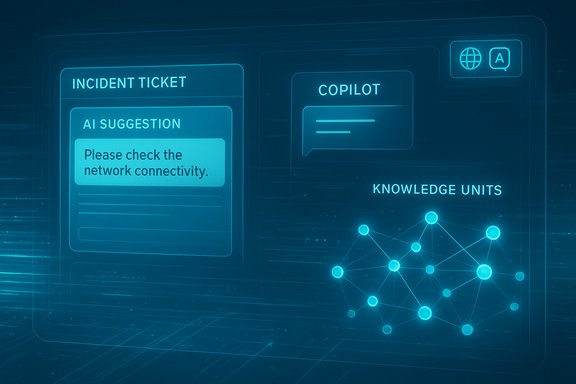 Futuristic blue UI showing an incident ticket with AI suggesting to check network connectivity. Futuristic blue UI showing an incident ticket with AI suggesting to check network connectivity.