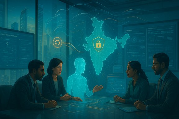 A team of professionals in a high-tech meeting reviews cybersecurity with a holographic map of India.