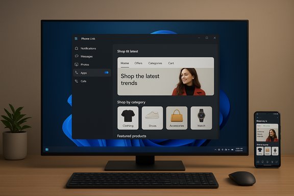 A modern desk setup with a large monitor displaying a Phone Link app window and a side smartphone.