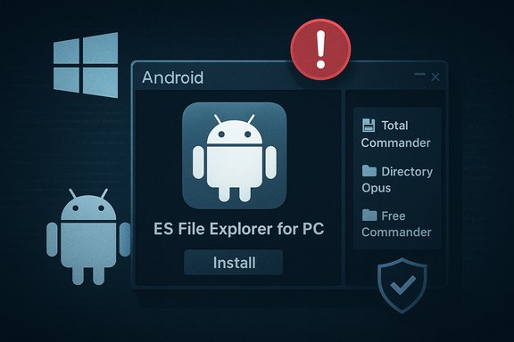 ES File Explorer for PC installer on a Windows-like interface with Android mascot and warning badge.