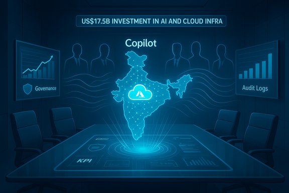 A futuristic boardroom with a holographic India map labeled Copilot and cloud, amid KPI dashboards.